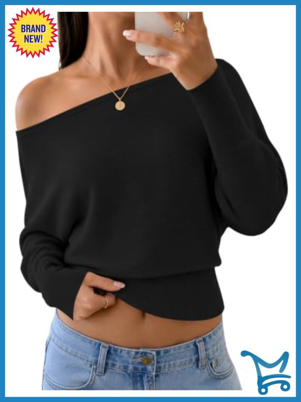 Off the Shoulder Knit Pullover Sweater Batwing Sleeve Fall Winter